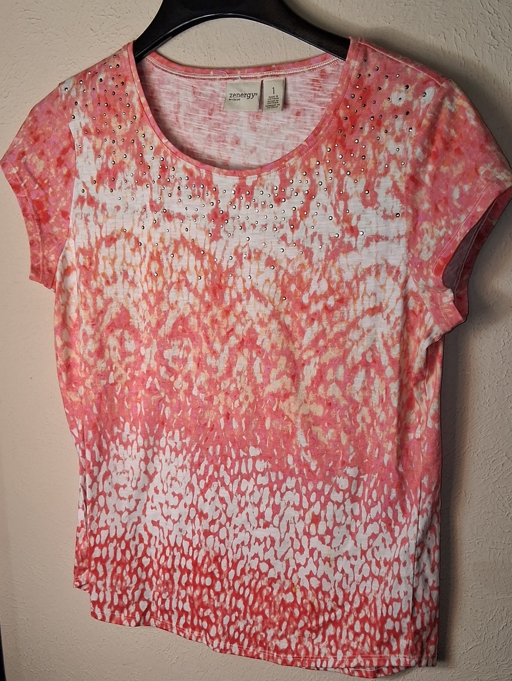 Chico's Zenergy Pink Print Short Sleeve Tee with Stud Accents